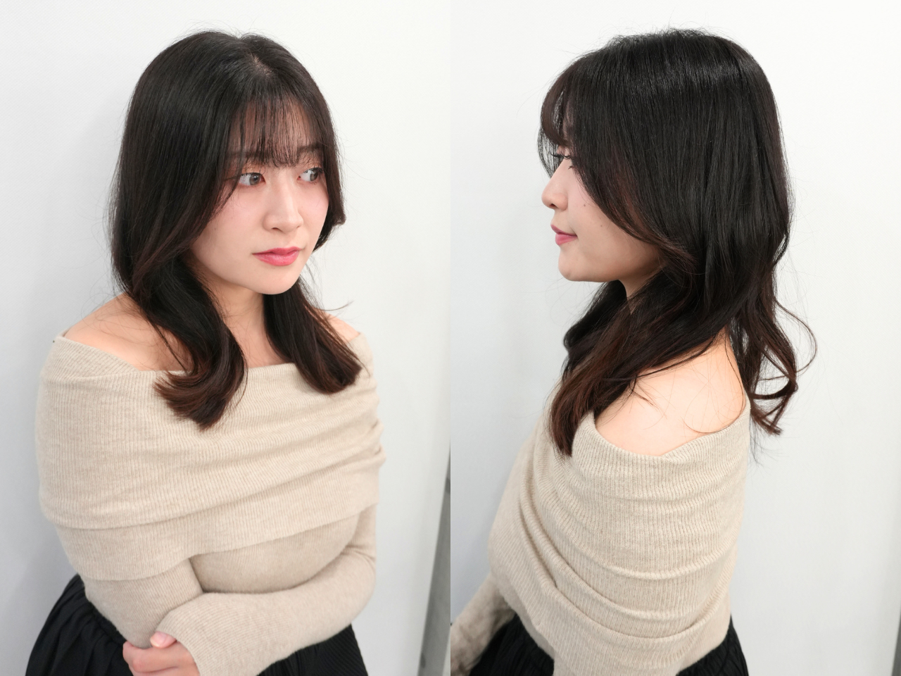 長さはそのまま、首もとが細見え。くびれレイヤー×シースルーバング