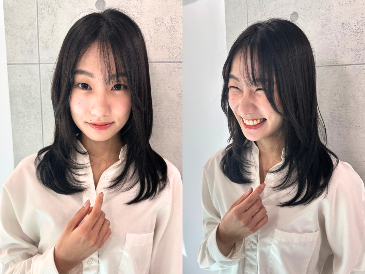 暗髪なのに肌が白く見える。顔まわりレイヤー×バタフライバングという正解