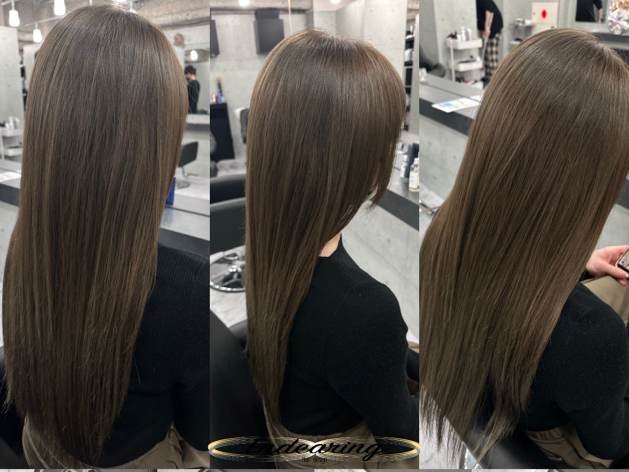 透明感オリーブベージュのロングレイヤー｜暗髪でも重く見えない大人の透明感カラー
