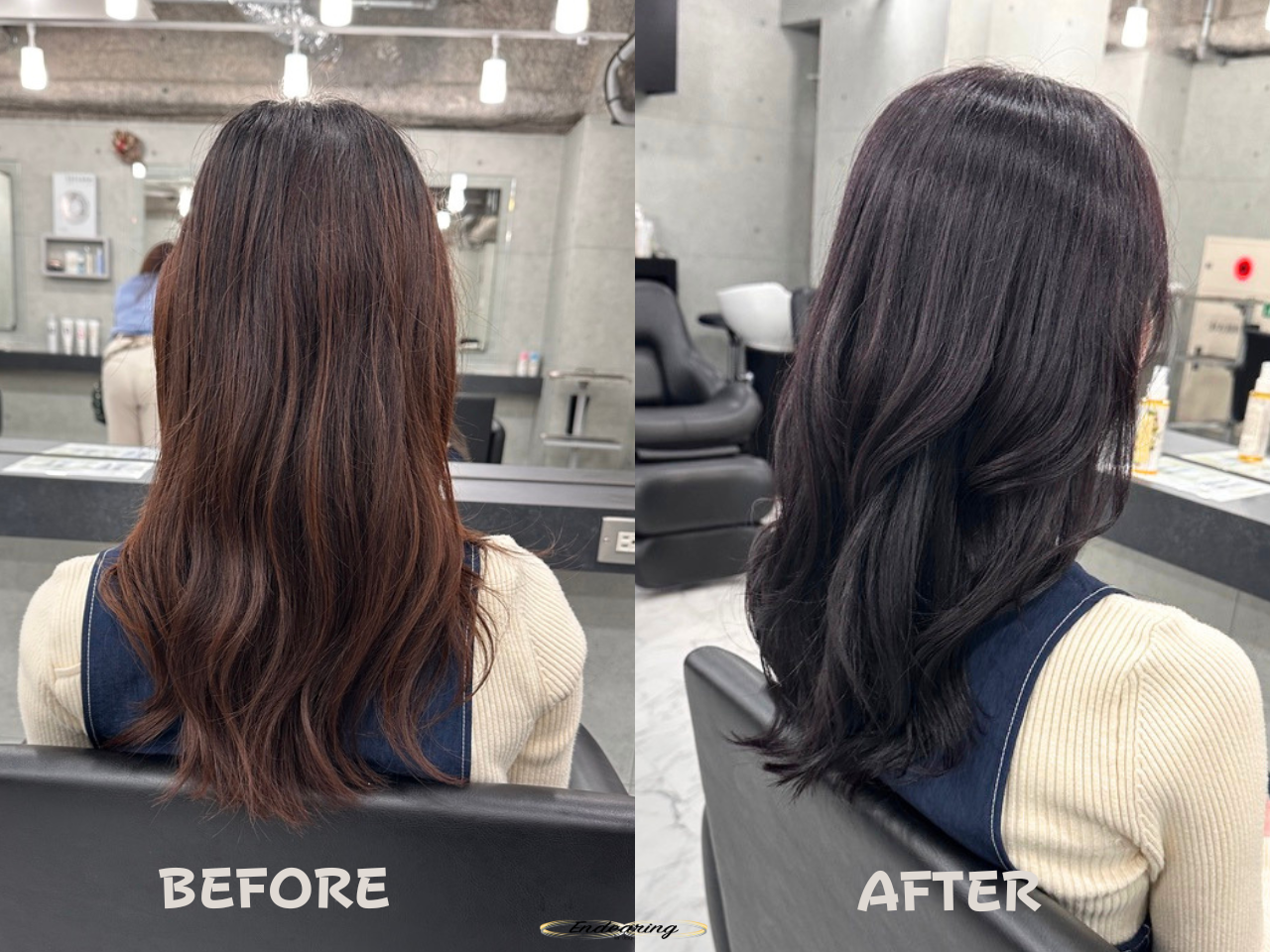 暗いのに、重くない透明感ヘアカラー｜ディープパープルの透明感暗髪×セミロングレイヤースタイル