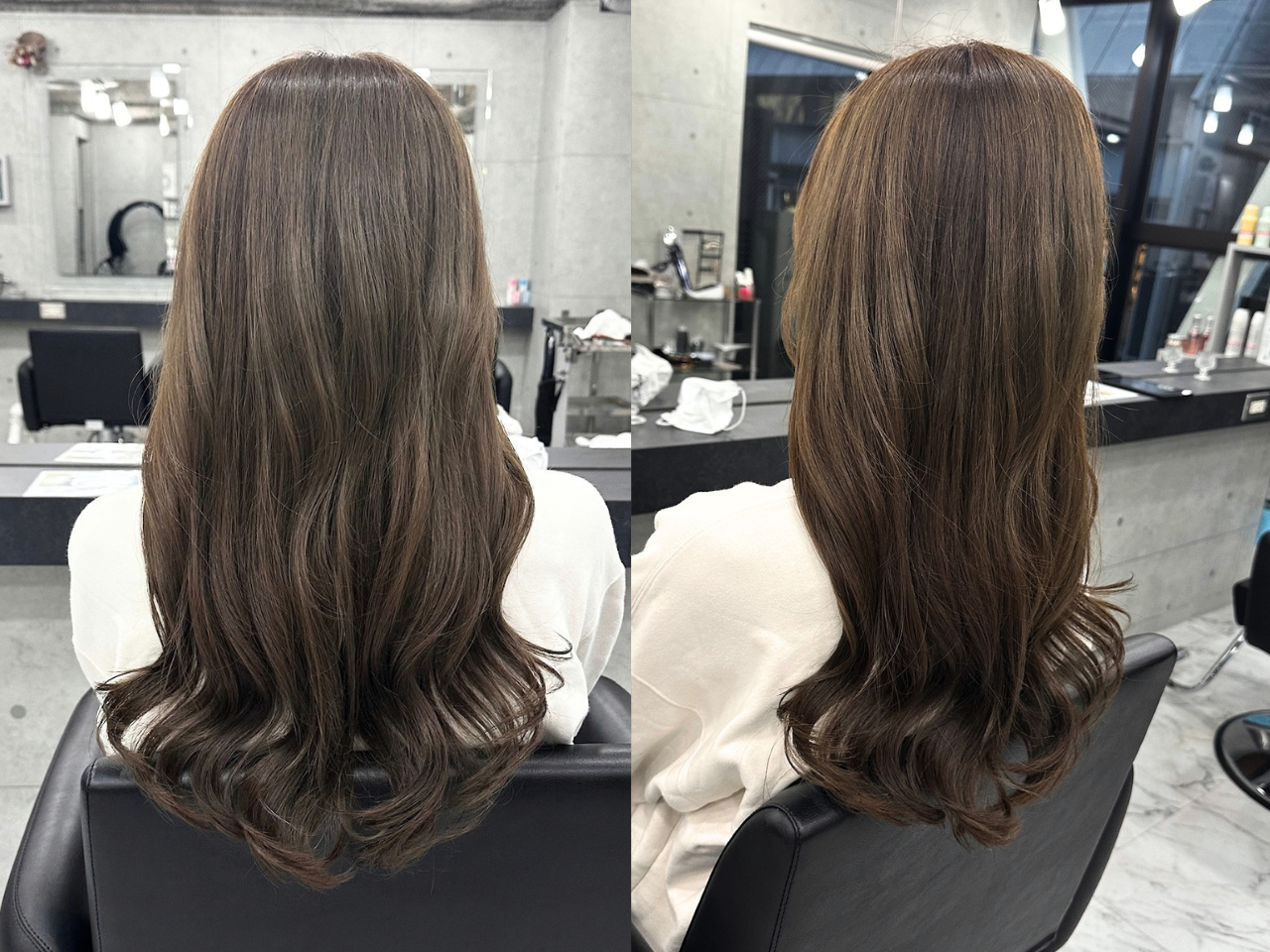 オリーブベージュの髪色で透明感アップ。赤みを抑えた柔らかなロングヘアの魅力